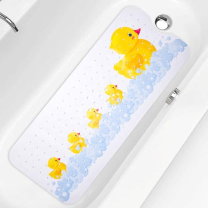 PRATIQUE Kids Bath Mat for Tub Non Slip，40 X 16 Inch Extra Long Kids Bathtub Mat Duck Print Bathtub Shower Mat Safety Anti Slip with Suction Cups and Drain Holes, Machine Washable - color: Yellow Duck
