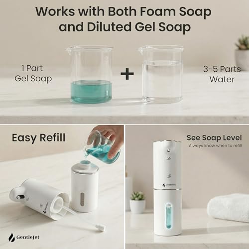 GentleJet JetFoam Automatic Foam Soap Dispenser Touchless Sensor, USB-C Rechargeable, Adjustable Output, IPX5 Waterproof, 300 ml, Bathroom & Kitchen Countertop - color: White