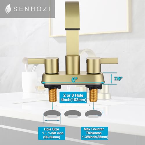 Gold Bathroom Faucet Centerset, 4 Inch Bathroom Sink Faucet 3 Hole | Waterfall Spout, 360 Degree Swivel, with Overflow Pop up Drain, Brushed Gold Bathroom Faucet - color: Brushed Gold