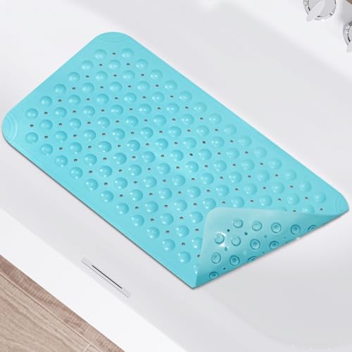 WarmSnow Non Slip Shower Mats for Inside Shower 15 x 27.5 Inch, TPE Bathtub Mat Non-Slip, Bath Mat for Tub with Suction Cups, Drain Holes Bath Tub Mat for Bathroom, Blue - color: Blue, size: 27.5" x 15" (Rectangular)