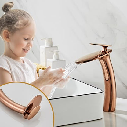 Rose Gold Waterfall Bathroom Faucet Tall Body and Pop Up Drain - color: Rose Gold, size: Tall Body