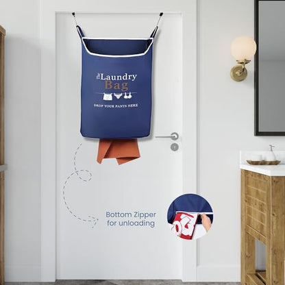 Fine Living Co. Large Hanging Laundry Hamper with Over Door Hooks & Adhesive, Durable Space Saving Laundry Bag with Zipper and Wide Open Top, Hanging Dorm Laundry Hamper (Navy Blue with Print-XL) | Hanging Dorm Laundry Hamper with Over Door Hooks & Adhesi