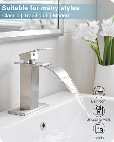 Brushed Nickel Bathroom Faucet Single Handle, Brass Waterfall Bathroom Sink Faucet 1 Hole or 4 Inch 3 Hole Bathroom Faucets with Deck Plate & Pop-up Drain Supply Hose for Lavatory No Splashing - color: Brushed Nickel - Traditional