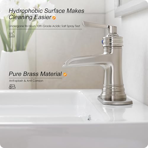 Brass Brushed Nickel Bathroom Faucet 3 Hole 4 Inch Waterfall Bathroom Faucet Single Hole, 1 Handle with Pop-up Drain, Deck Plate, cUPC Supply Pipes for Vanity, Restroom, 5 Mins Quick Install - color: Brushed Nickel