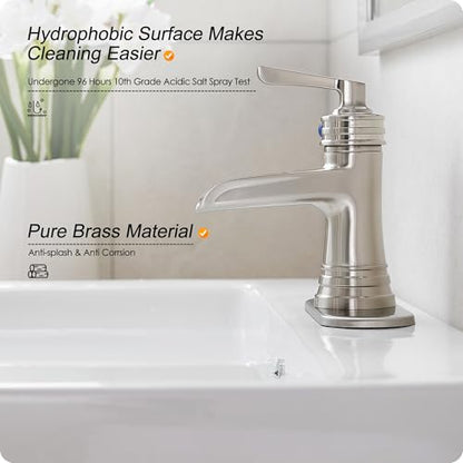 Brass Brushed Nickel Bathroom Faucet 3 Hole 4 Inch Waterfall Bathroom Faucet Single Hole, 1 Handle with Pop-up Drain, Deck Plate, cUPC Supply Pipes for Vanity, Restroom, 5 Mins Quick Install - color: Brushed Nickel
