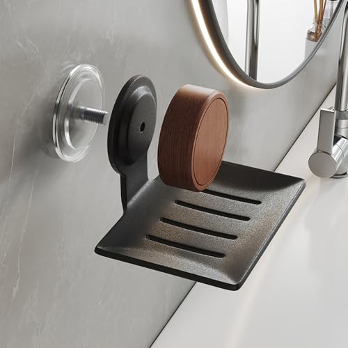Soap Dish, Walnut and Stainless Steel, Soap Bar Holder for Shower Suction Cup Wall Mounted, No-Drilling Waterproof Sponge Holder (White)