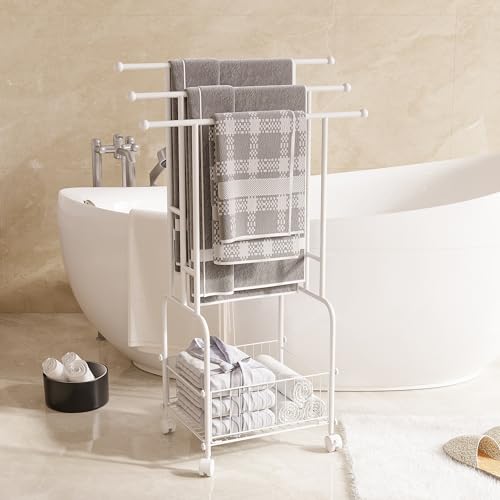 3 Tier FreeStanding Towel Rack with Wheels and Storage Basket | 42.5" H White Metal Towel Drying Rack Outdoor, Pool Towel Stand Display for bathrooms, laundry rooms and pool areas