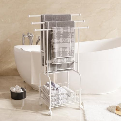 3 Tier FreeStanding Towel Rack with Wheels and Storage Basket | 42.5" H White Metal Towel Drying Rack Outdoor, Pool Towel Stand Display for bathrooms, laundry rooms and pool areas