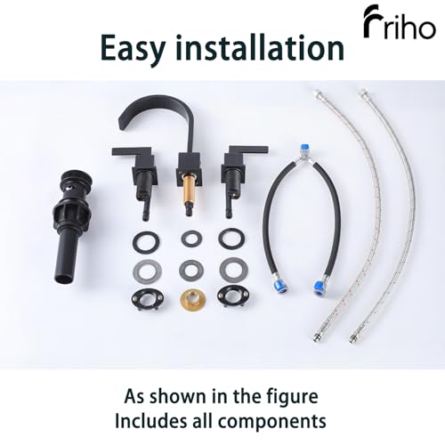 Friho Matte Black Waterfall Bathroom Faucet, 8 Inch Widespread 3 Hole Sink Faucet with 2 Handles, Pop-up Drain & Supply Lines, Stainless Steel Vanity Faucet for Bathroom - style: Thin Square