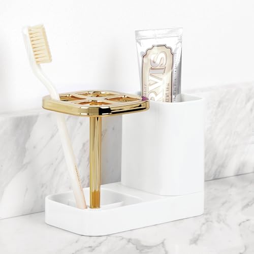 iDesign Toothbrush Holder, White/Gold | 4 Divided Sections - color: White/Gold