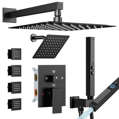 Shower Faucet Sets Matte Black Shower System,STARBATH 4 Way 12+6" Dual Head Shower Set Complete with 2 in 1 Handheld,Wall Mounted Rainfall Shower Head with 4 Body Spray Jets, Shower Jets System - color: Matte Black, size: 6"+12"-04