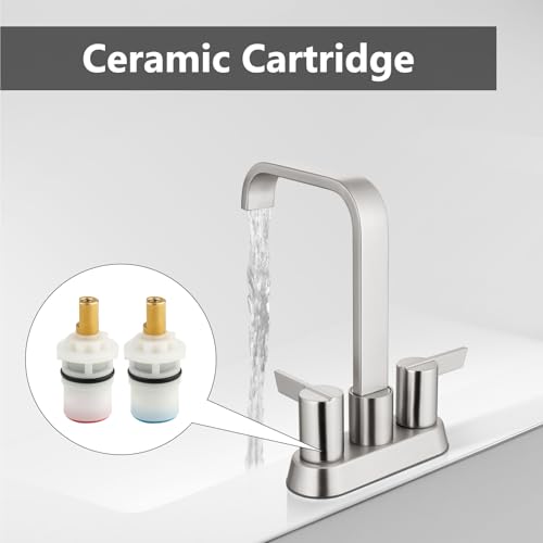 Brushed Nickel Waterfall Bathroom Faucet 4 Inch Centerset,2-Handle | Stainless Steel 3-Hole Deck-Mount Design Includes Supply Lines and Pop-Up Drain for a Complete Vanity Installation - color: Brushed Nickel