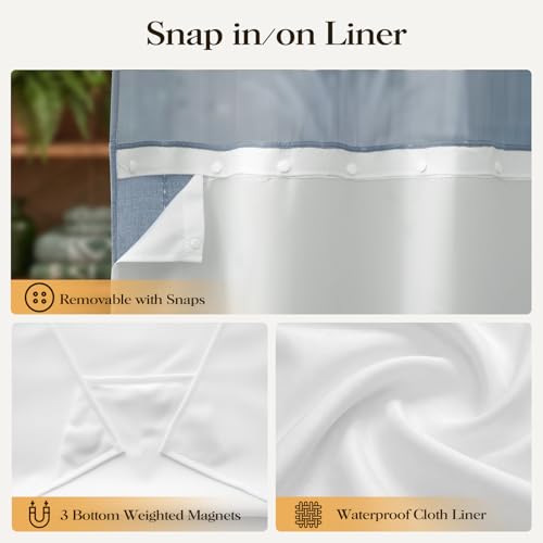 Blue Ringless Boho Striped Tassel Shower Curtain with Snap Liner 72x75 | Heavy Duty Linen Blend, 3 in 1 Shower Curtain Set, Farmhouse Style, Waterproof & Washable, Mesh Top Window, Easy to Install - color: Blue, size: 72"W x 75"L (Pack of 1)