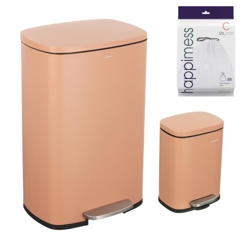 happimess Connor 2-Piece Iron Trash Can, Clay Rose | 13.2 And 1.3 Gallons, Rectangular, Soft-Close Lid, Step Pedal, 20 Liners, 26" And 12" Height - color: Clay Rose