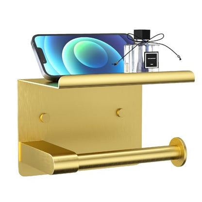 GLNLQ Brushed Gold Toilet Paper Holder Wall Mount, Fits Mega Rolls Size Rustproof Self Adhesive Brushed Brass Toilet Paper Holder Gold with Shelf | Fits Mega Rolls Size, Waterproof and Rustproof Stainless Steel, with Shelf Wall Mount Design, Thickened Thi
