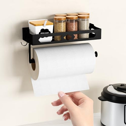 Wall Mount Paper Towel Holder with Shelf, Self Adhesive or Drill, Black | Easy One-handed Operation Design, Metal Hand Paper Towel Holder for bathroom, Kitchen, RV Paper Roll Holder Rack with 2 Hooks - color: Black