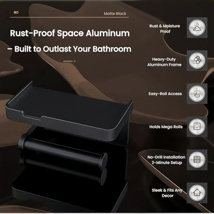 Adhesive Toilet Paper Holder and 2 Metal Hooks Combo - Rustproof Aluminum with Extra Adhesive Pads for Easy Replacement of Positions,Matte Black Toilet Paper Holder with Shelf(Wall Mount)