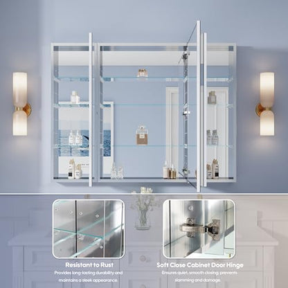 48" x 36" Bathroom Medicine Cabinet with Mirror, Anodized Chrome Aluminum Frame, Surface Mount or Recessed Medicine Cabinet with Mirror, Bathroom Mirror with Storage, Three Doors - size: 48"x36"-A