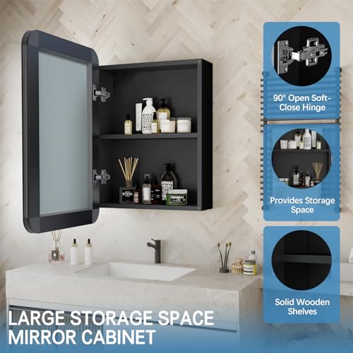 24x16 Inch Bathroom Medicine Cabinet Black, Wall Mounted Bathroom Medicine Cabinets or Recessed Mirror Cabinet Rounded Rectangle Medicine Cabinets - color: Black Aluminium（24‘’x16‘’）
