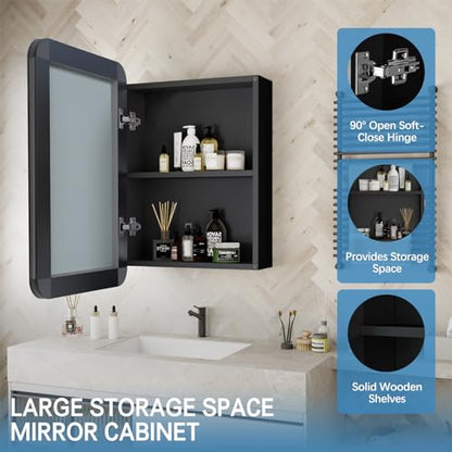 24x16 Inch Bathroom Medicine Cabinet Black, Wall Mounted Bathroom Medicine Cabinets or Recessed Mirror Cabinet Rounded Rectangle Medicine Cabinets - color: Black Aluminium（24‘’x16‘’）