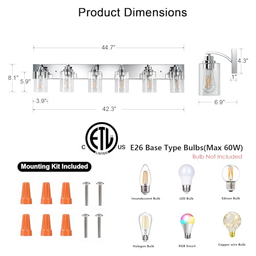 6-Light Bathroom Light Fixtures Modern Chrome Vanity Lights | Easy to Install Clear Glass Shades, Wall Mount Up or Down, E26 Socket, Hardwired, 129V - color: Chrome, size: 6 Lights