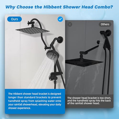 Hibbent High Pressue All Metal 8" Rainfall Shower Head, Handheld 10-Spray | cUPC Certified Matte Black Dual Showerhead Combo, 4-way Diverter with Pause Mode, Brass Extension Arm, 71'' Hose & Holder - color: Matte Black, style: Square 8"