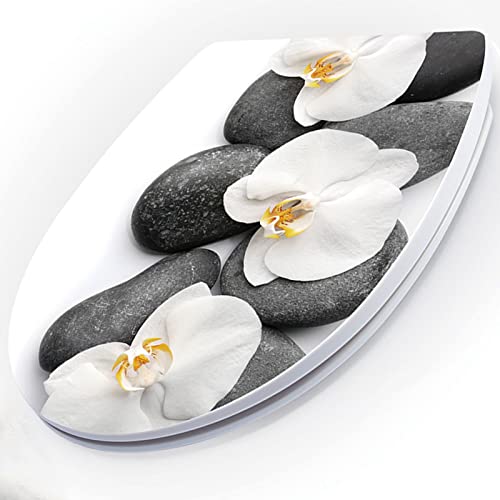 White Plastic Oval Toilet Seat with Quick Release, Top Fixing, Adjustable Hinges, Seagull and Starfish Design, One Size - color: Stone and Flower