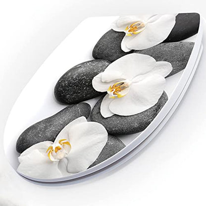 White Plastic Oval Toilet Seat with Quick Release, Top Fixing, Adjustable Hinges, Seagull and Starfish Design, One Size - color: Stone and Flower