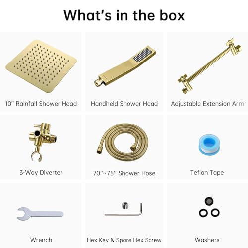 G-Promise All Metal 10" Dual Square Shower Head Combo | Rain Shower Head | Handheld Shower Wand | Adjustable | 3-Way Diverter | 71" Extra Long Hose - A Bathroom Upgrade (Polished Brass) | Built to Last, Easy Install, Adjustable Height & Angle for All Heig