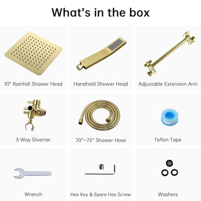 G-Promise All Metal 10" Dual Square Shower Head Combo | Rain Shower Head | Handheld Shower Wand | Adjustable | 3-Way Diverter | 71" Extra Long Hose - A Bathroom Upgrade (Polished Brass) | Built to Last, Easy Install, Adjustable Height & Angle for All Heig