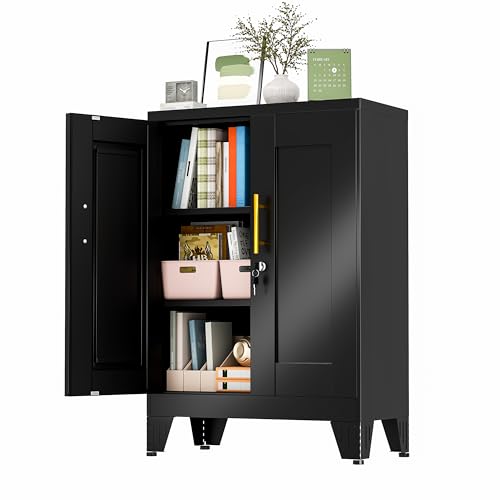 GAIOUS 36" Black Metal Storage Cabinet with Lock, Locking Cabinet with 2 Doors and 2 Adjustable Shelves, Bathroom Floor Cabinets, Freestanding Locked File Cabinets for Home/Office/Garage - color: Black, size: 11.81"D x 23.62"W x 35.83"H
