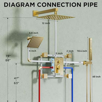 Shower System with 4 Body Spray Jets, STARBATH 4 Way 12 + 6"Rainfall Shower Head with Handheld Combo, Wall Mounted Shower Jets System in Wall Shower Faucet Set, Brushed Gold - color: Gold, size: 6"+12"-04