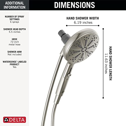 Delta Faucet 6-Spray SureDock Magnetic Shower Head with Handheld Spray, Brushed Nickel Shower Head with Hose, Showerheads & Handheld Showers, Handheld Shower Heads, Hand Shower, Stainless 75613-SN - color: Satin Nickel
