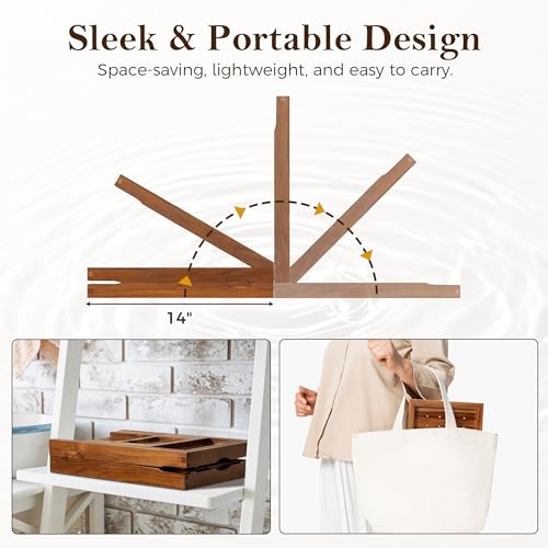 Teak Bathtub Tray for Tub, Expandable Bath Tray 28–40in, Foldable Bathtub Caddy with Wine Glass Holder, Phone & Book Stand, Wooden Bath Tray Organizer, Luxury Bathroom Accessories Gift - Light Walnut - color: Light Walnut - Solid Teak Wood