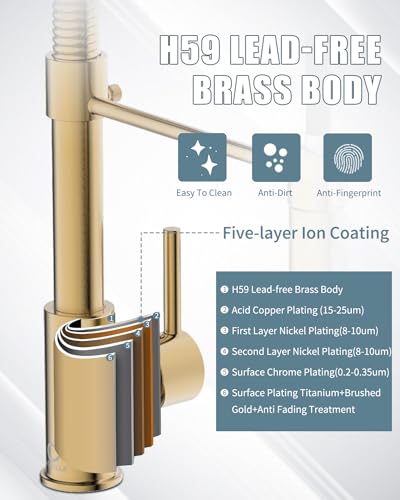 Kitchen Faucet, Brushed Gold Faucet for Kitchen Sink, Kitchen Sink Faucet with Pull Down Sprayer, Single Handle Stainless Steel Kitchen Faucets with Dual Function Spray Head - color: C-Brushed Gold, style: Classic