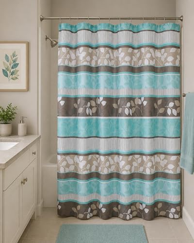Serafina Home Hotel Quality Fabric Bathroom Shower Curtain: Striped Floral - Teal, Blue, Brown, Beige and White (72 x 70 inches) - color: Striped