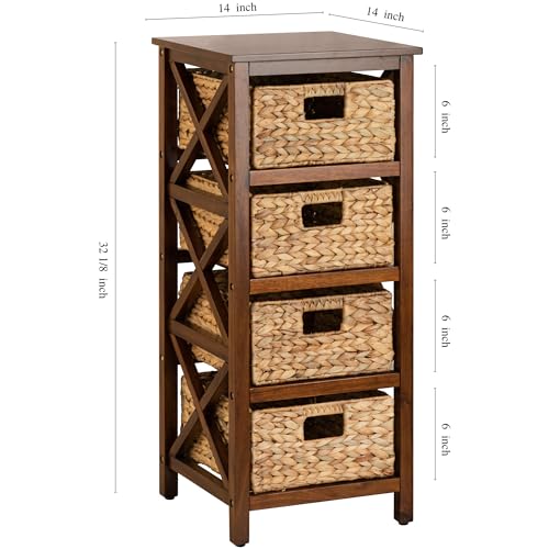 4 Tier X-Side End Storage Cabinet, Walnut | 4 Wicker Baskets, End Table, Side Table - color: Walnut, size: 14"D x 14"W x 32.1"H (4 Drawers)