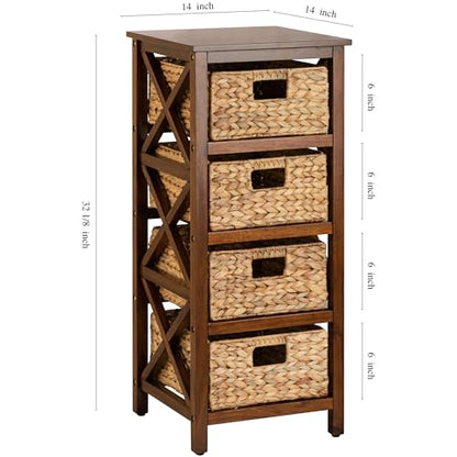 4 Tier X-Side End Storage Cabinet, Walnut | 4 Wicker Baskets, End Table, Side Table - color: Walnut, size: 14"D x 14"W x 32.1"H (4 Drawers)