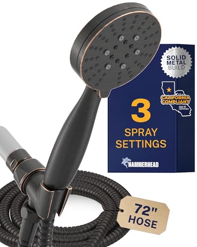 HammerHead Showers® Solid METAL 3-Spray Handheld Shower Head with Long Hose and Holder OIL RUBBED BRONZE - WIDE MASSAGE and MIST Sprays - 1.8 GPM Low Flow Handheld Showerhead -Water Saving Shower Head - color: Oil Rubbed Bronze, size: 1.75 GPM California