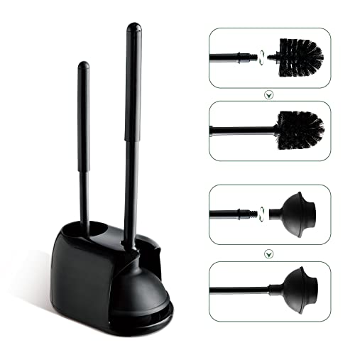 Eyliden Toilet Plunger and Brush Set, 2-in-1 Compact Holder, Black | Unclogs Toilets, Deep Cleans Bowls, Nylon Bristles, Rubber Cup, Durable Plastic Caddy, Space-Saver, Bathroom Cleaning Tools - color: Black