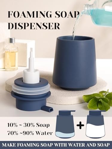 INGOFIN Ceramic Foaming Soap Dispenser -14 oz Foam Hand Soap Dispenser Bathroom, Modern Refillable Dish Wash Bottle for Kitchen with Large Pump, Matte Blue - color: Blue-foam