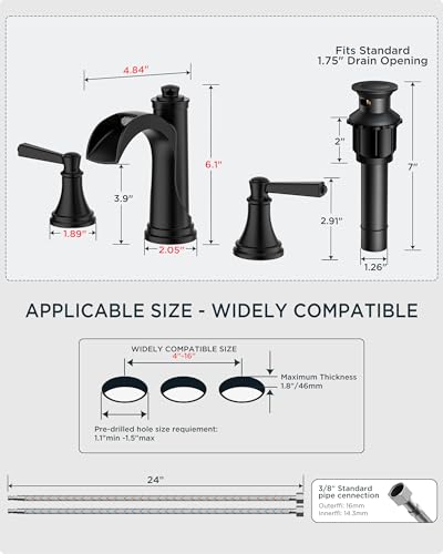 FORIOUS Black Waterfall Bathroom Faucet 3 Holes Vanity, Widespread Faucet | FORIOUS Brass Black Faucet Bathroom 3 Hole, Wide 2 Handle 8 Inch Matte Black Bathroom Sink Faucet Waterfall with Metal Drain - color: Matte Black