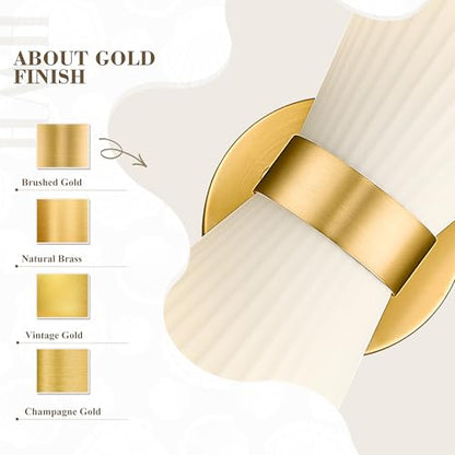 Gold Sconce Wall Lighting, HWH Single Wall Vanity Light Fixture Brushed Gold Wall Sconce Lamp, Modern Indoor Up Down Wall Light with Frosted Milk White Striped Glass Shade, 5HZG97B-2W BG - color: Brushed Gold, size: 2-Light