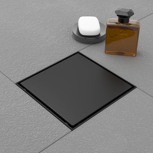 Square Shower Drain - 6 Inch Matte Black, with Tile Insert Grate | AISI 304 Stainless Steel Shower Drain with Hair Catcher, Shower Floor Drain Fits Bathroom, Balcony - color: Matte Black, size: 6 Inch