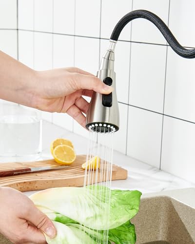 Kitchen Faucet Head Replacement, 15 Adapters, 3-Mode Pull Down Sprayer Head | 3 Functions Stream Spray Pause, Easy 5-Min Install, Pull Out Nozzle, Brushed Nickel, Compatible with Moen Delta Hansgrohe - color: Brushed Nickel