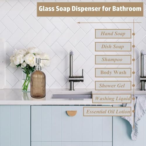14Oz Brown Soap Dispenser Bathroom, 2 Pack, Stainless Steel Pump, Stripe | Clear Glass Hand Soap Dispensers, Refillable Dish Soap Dispenser for Kitchen, Countertop Soap Dispensers - color: Brown（2-pack）