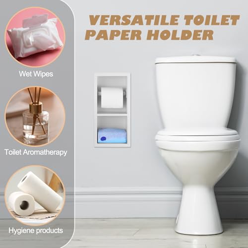 Recessed Toilet Paper Holder 304 Stainless Steel Tissue Paper Holder Bathroom Storage in Wall Tissue Toilet Roll Wall Space Saving Restroom Napkin Frame, White