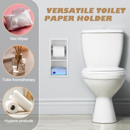 Recessed Toilet Paper Holder 304 Stainless Steel Tissue Paper Holder Bathroom Storage in Wall Tissue Toilet Roll Wall Space Saving Restroom Napkin Frame, White