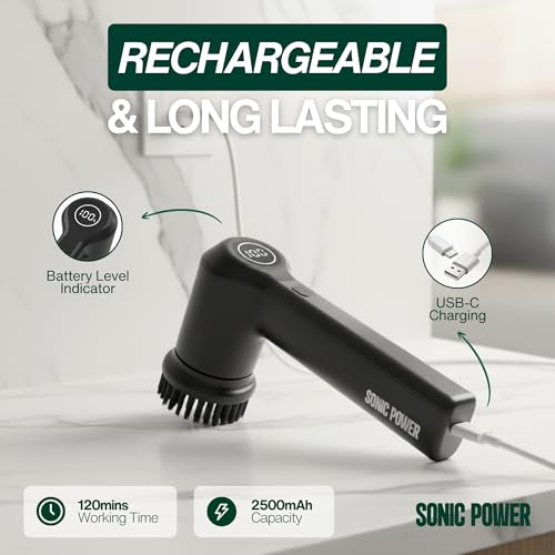 SonicPower Electric Spin Scrubber – Handheld & Ergonomic, IPX7 Waterproof, 4 Multi-Purpose Brush Heads, Long-Lasting Rechargeable Battery – Cleans Dishes, Bathroom, Tile, Grout & Kitchen (Black) | IPX7 Waterproof, 4 Interchangeable Heads, Soft Corner, Sco