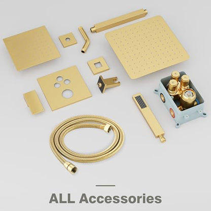 Gold Shower System, All Metal Dual Rain Shower Head with Handheld | 3-In-1 Push Button Valve and Trim Kit, Brushed Gold SUS304 10" Ceiling & 8" Wall Mount Heads, Bathroom Shower Faucet Set - color: Brushed Gold